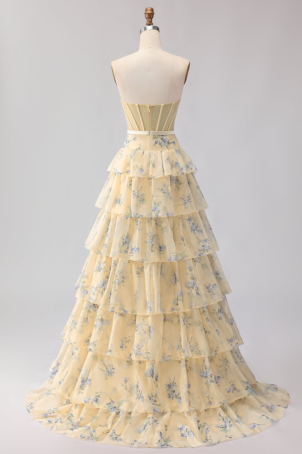 Floral Champange and Orange Ruffled Princess Maxi Corset Prom Dress with Bow