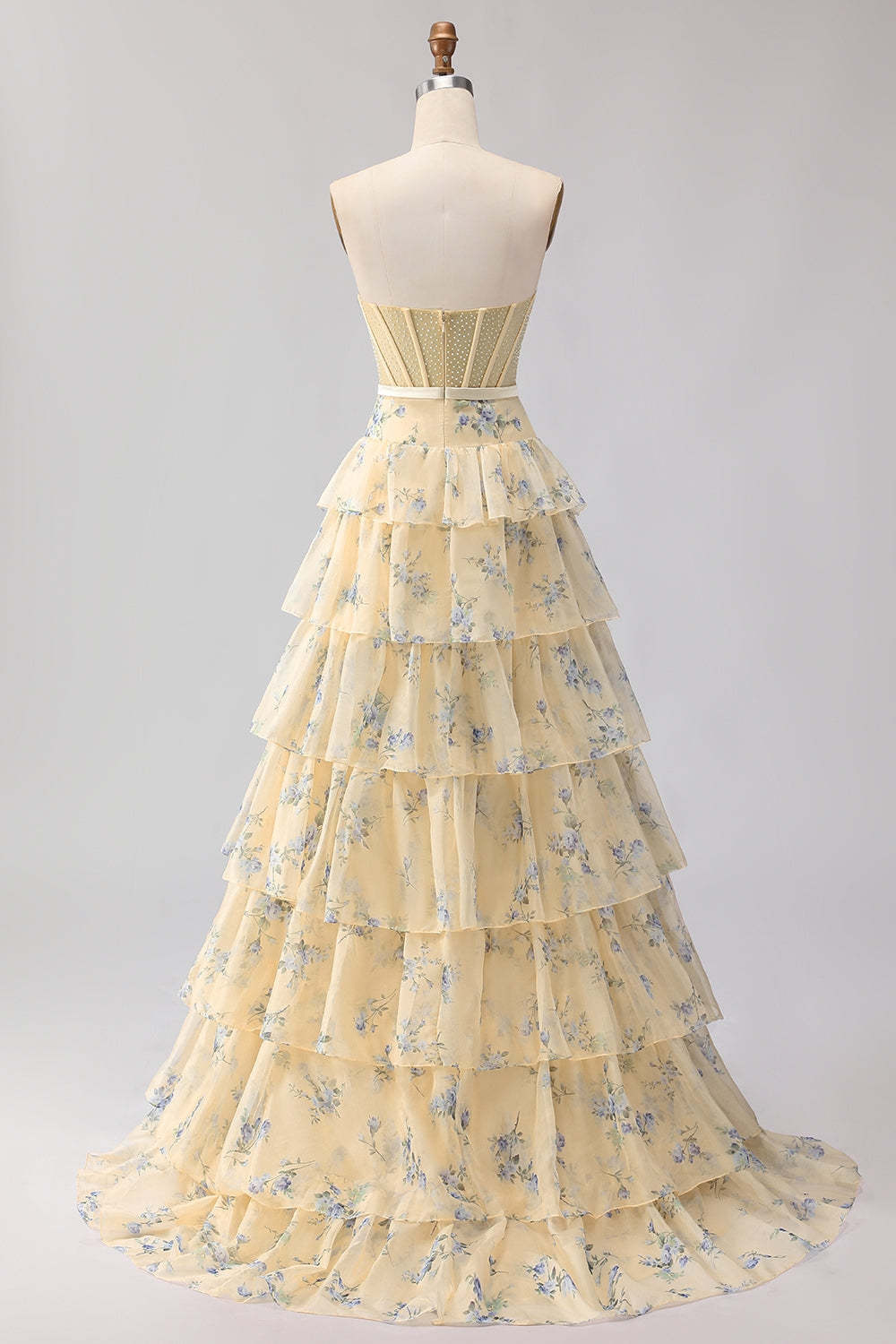 Floral Champange and Orange Ruffled Princess Maxi Corset Prom Dress with Bow