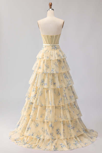 Floral Champange and Orange Ruffled Princess Maxi Corset Prom Dress with Bow