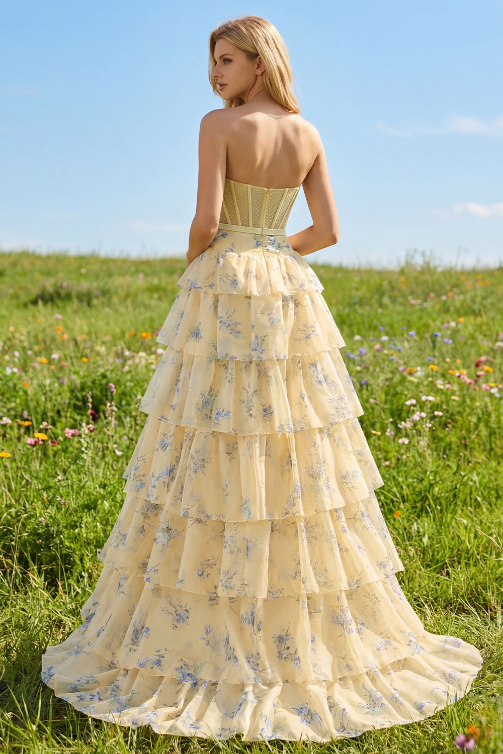 Floral Yellow and Blue Ruffled Strapless Maxi Corset Prom Dress