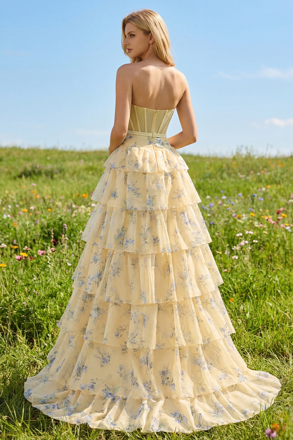Floral Yellow and Blue Ruffled Strapless Maxi Corset Prom Dress