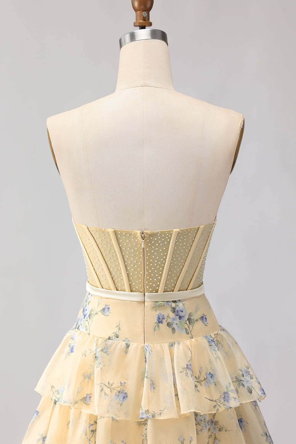 Floral Champange and Orange Ruffled Princess Maxi Corset Prom Dress with Bow