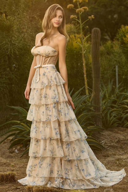 Floral Pink and Red Tiered Maxi Corset Prom Dress with Bow