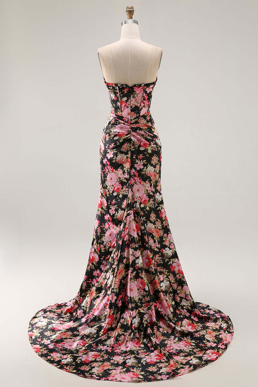 Black Pink Flower Corset Mermaid Long Prom Dress with Slit
