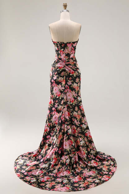 Black Pink Flower Corset Mermaid Long Prom Dress with Slit