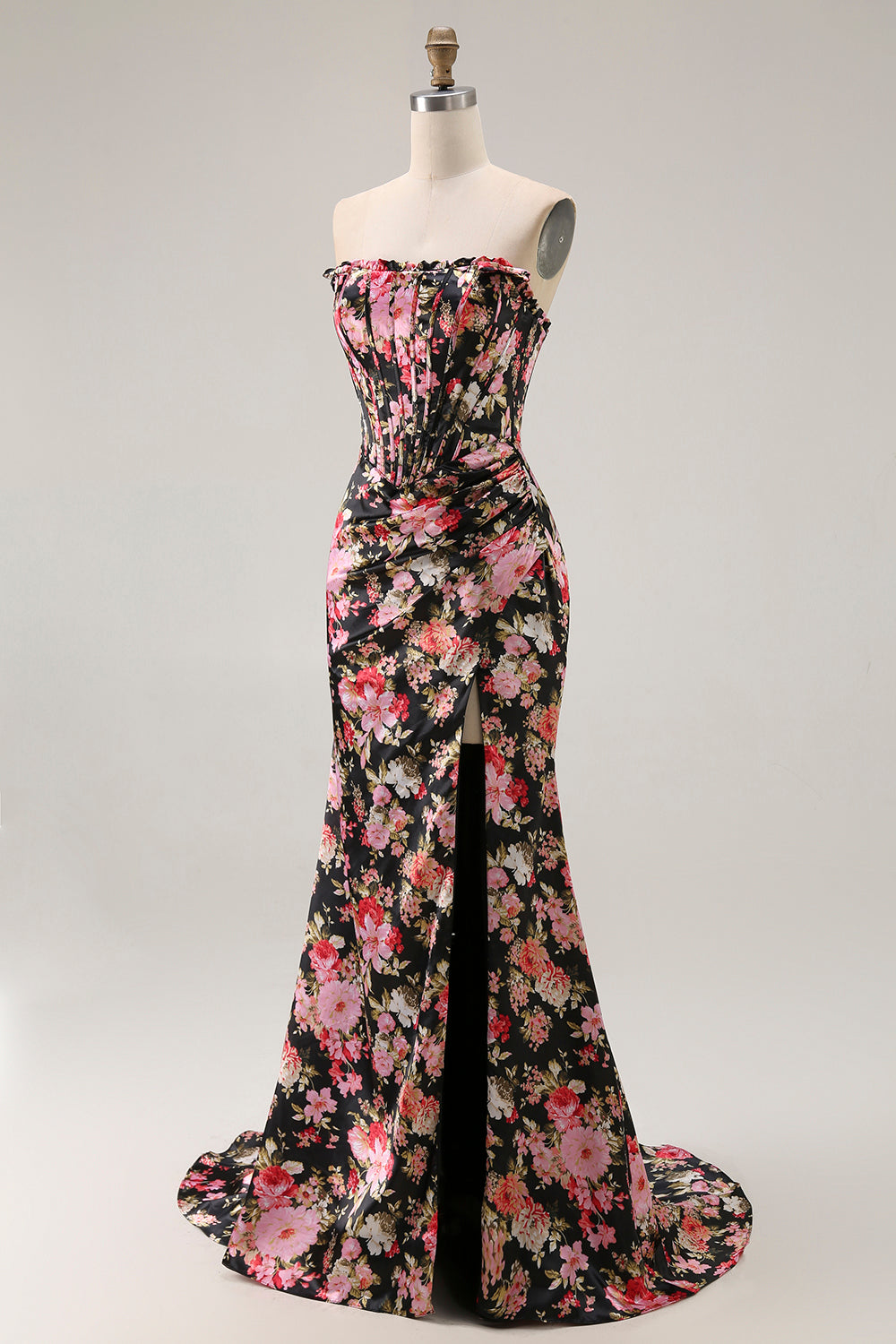 Black Pink Flower Corset Mermaid Long Prom Dress with Slit