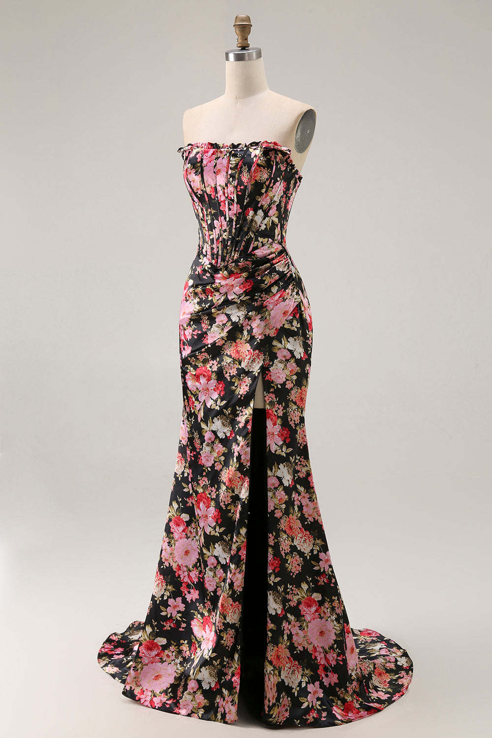 Black Pink Flower Corset Mermaid Long Prom Dress with Slit