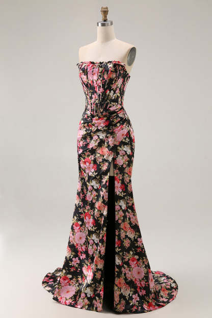 Black Pink Flower Corset Mermaid Long Prom Dress with Slit