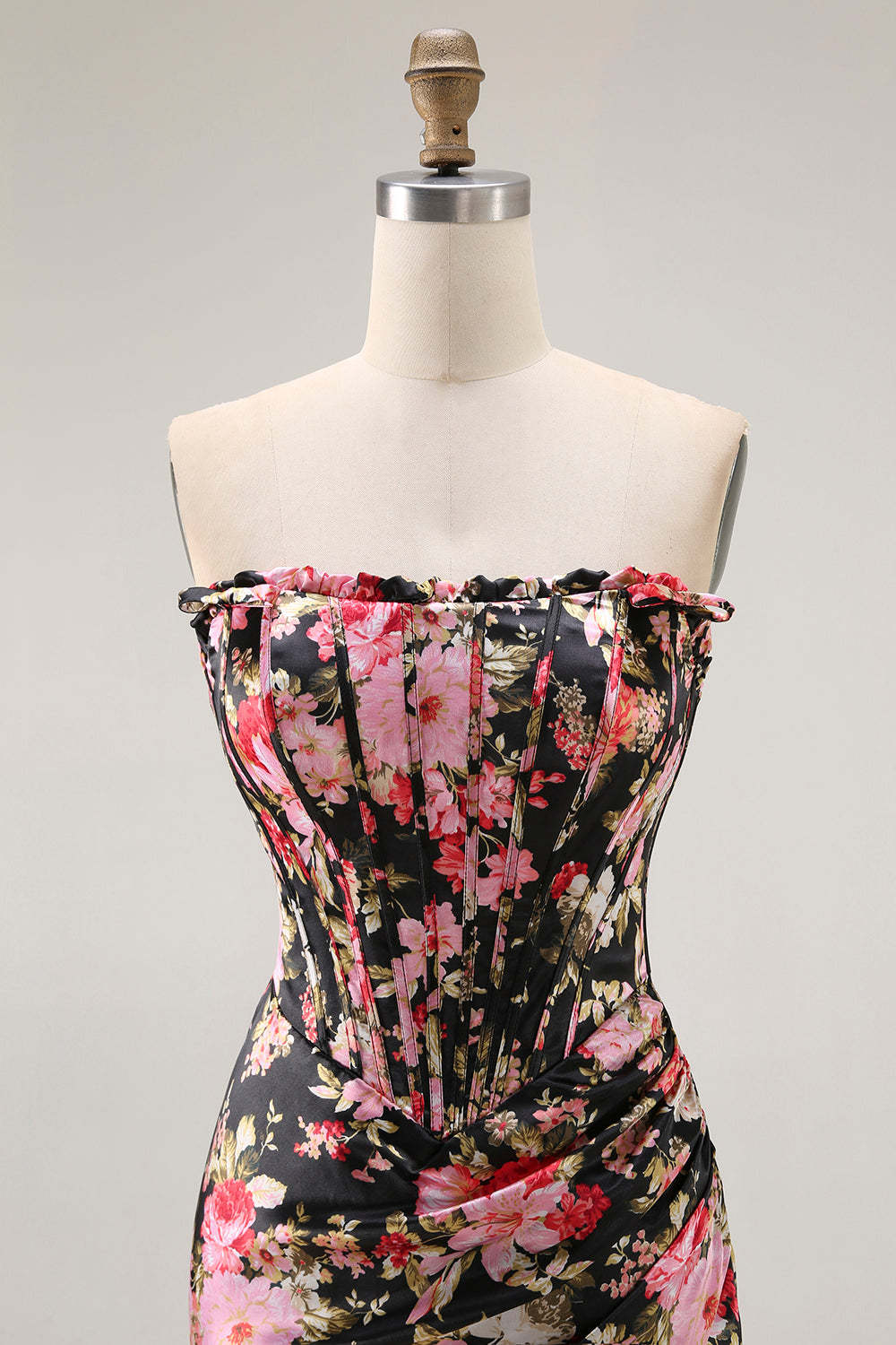 Black Pink Flower Corset Mermaid Long Prom Dress with Slit