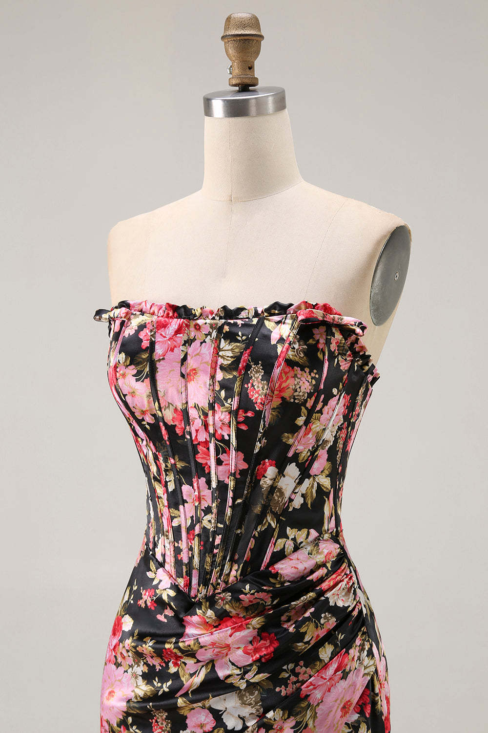 Black Pink Flower Corset Mermaid Long Prom Dress with Slit