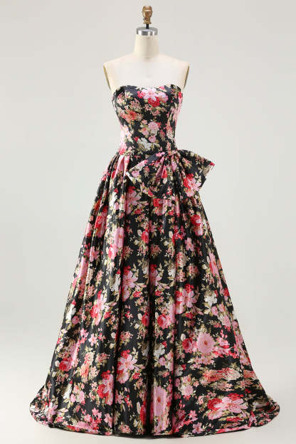 Floral White and Pink Long Corset Prom Dress with Bow