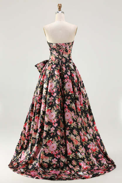 Floral White and Pink Long Corset Prom Dress with Bow