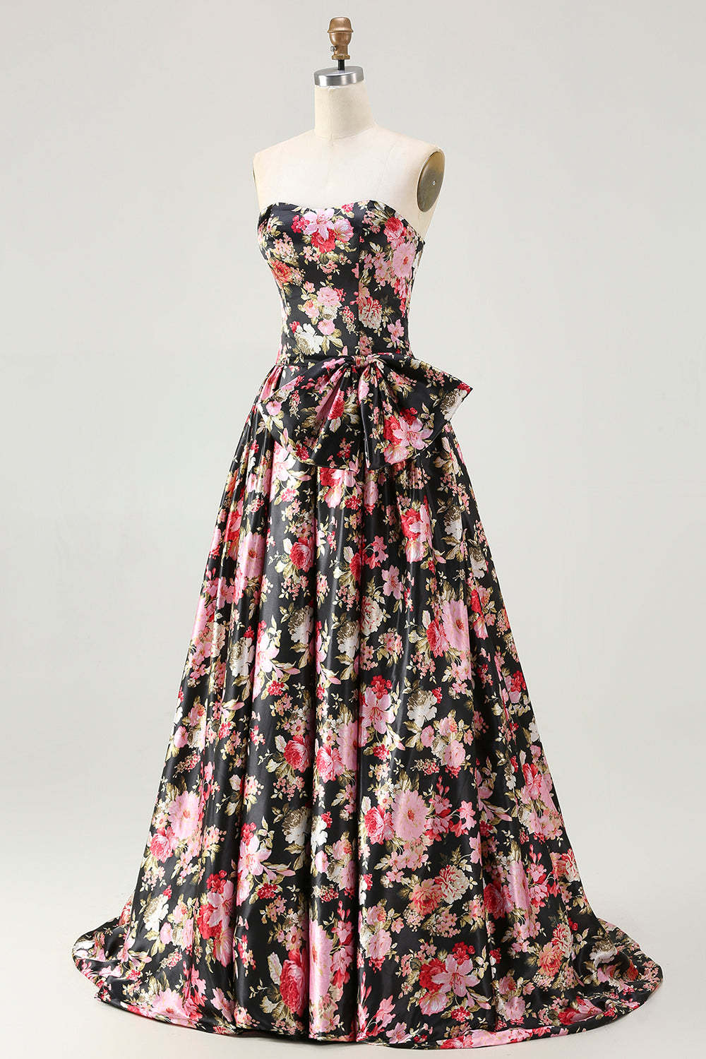 Floral White and Pink Long Corset Prom Dress with Bow