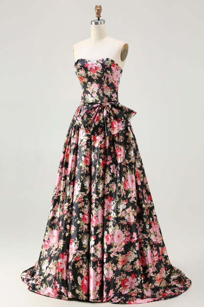 Floral White and Pink Long Corset Prom Dress with Bow