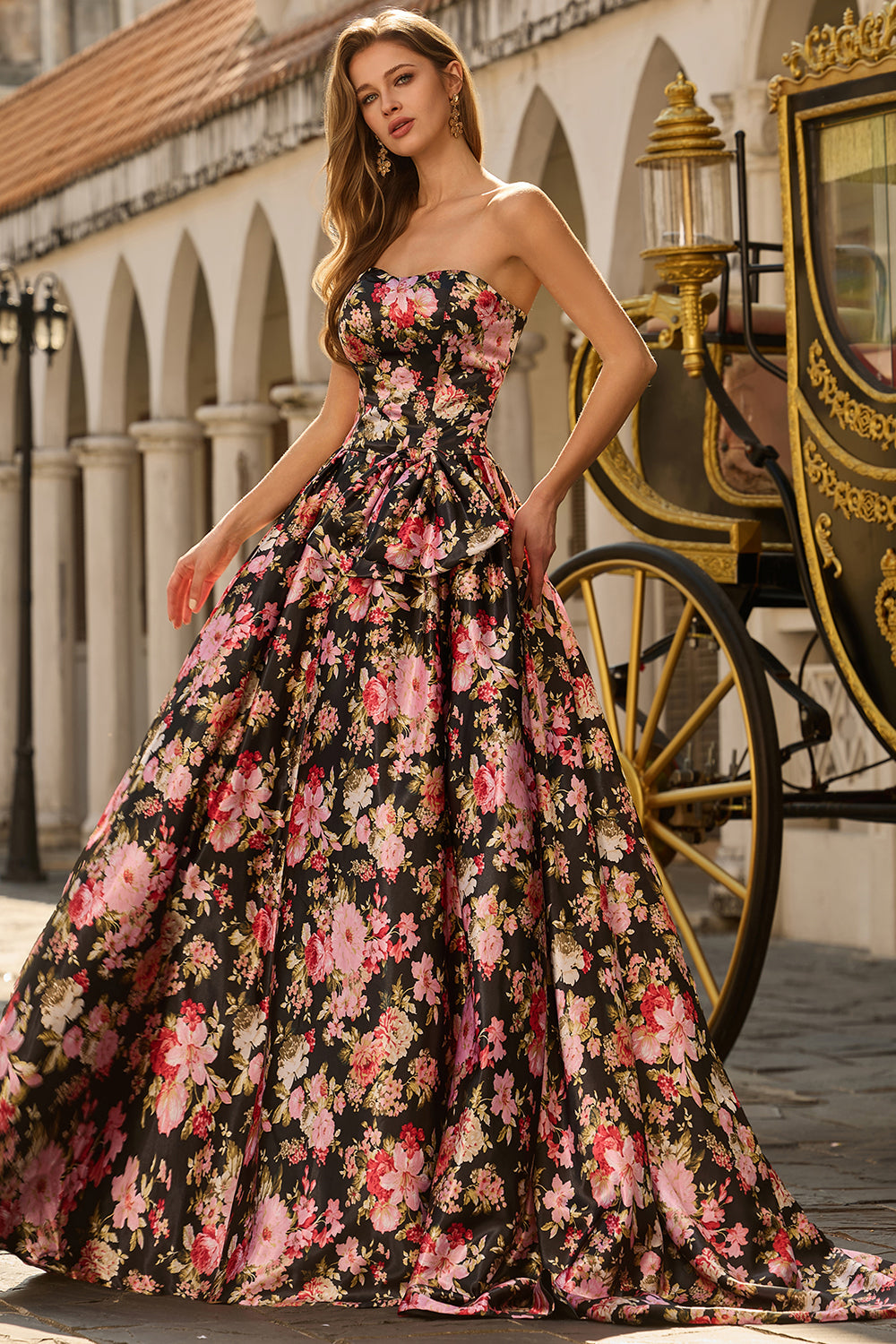 Black and Pink Flower A Line Long Prom Dress with Bow