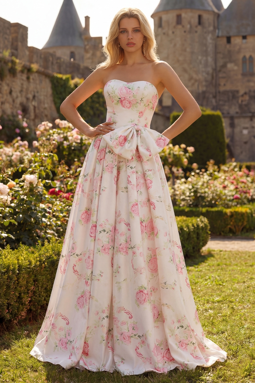Floral White and Pink Long Corset Prom Dress with Bow
