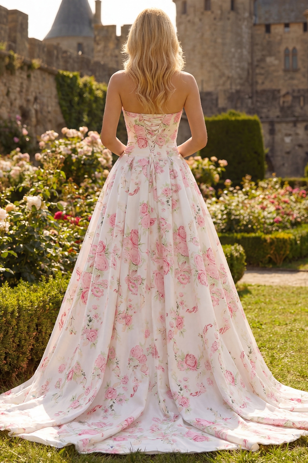Floral White and Pink Long Corset Prom Dress with Bow