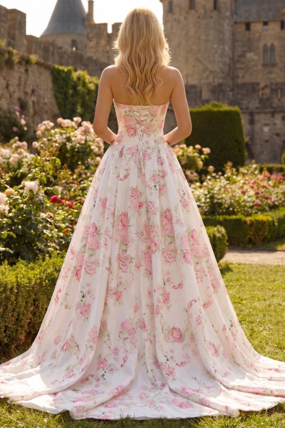 Floral White and Pink Long Corset Prom Dress with Bow