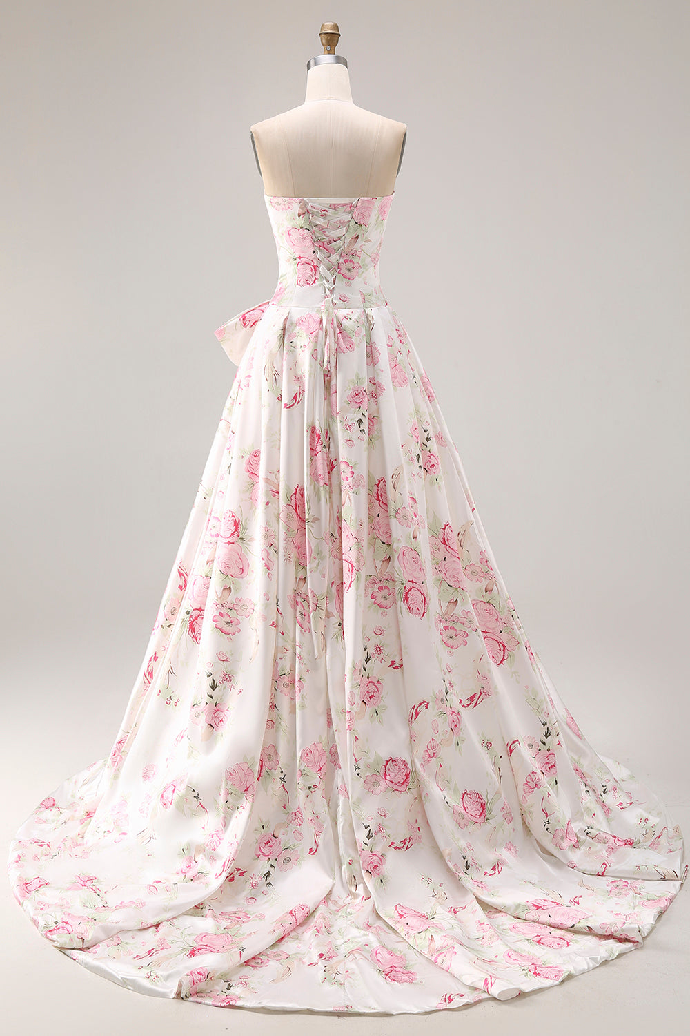 Floral White and Pink Long Corset Prom Dress with Bow