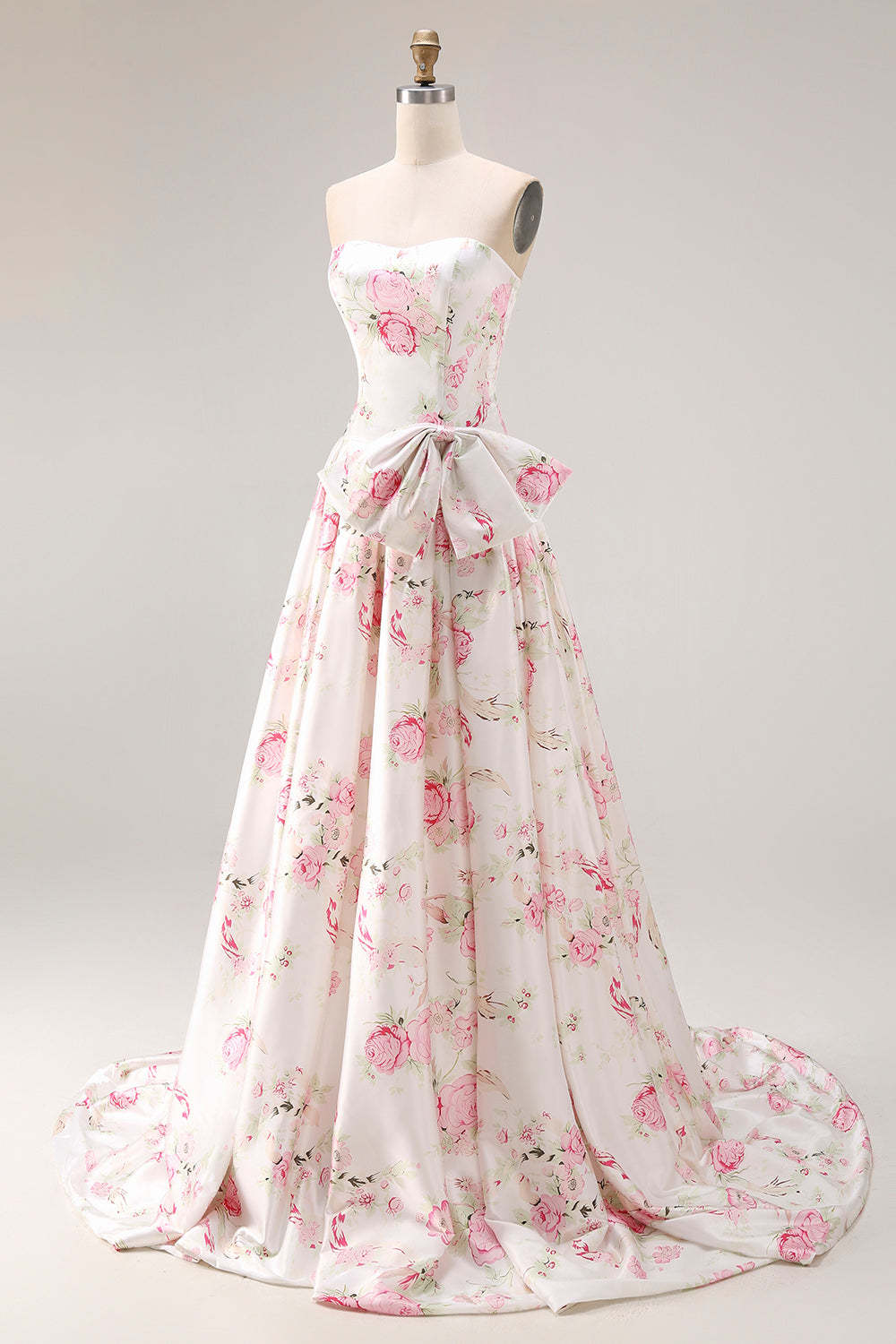 Floral White and Pink Long Corset Prom Dress with Bow