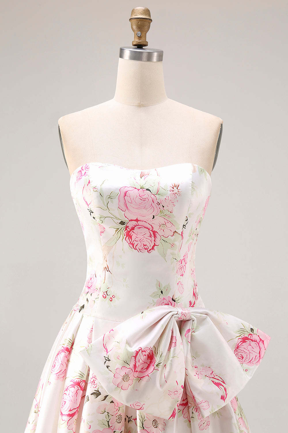 Floral White and Pink Long Corset Prom Dress with Bow
