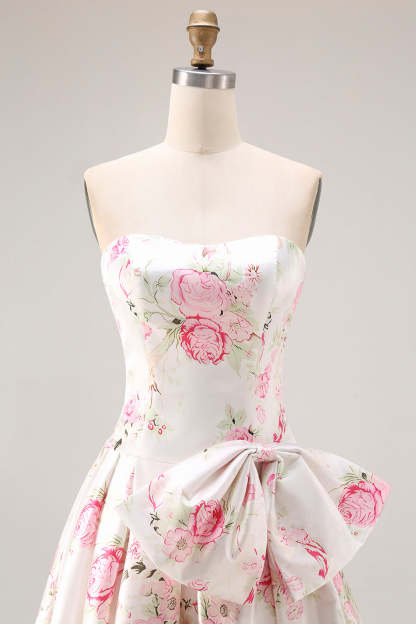 Floral White and Pink Long Corset Prom Dress with Bow