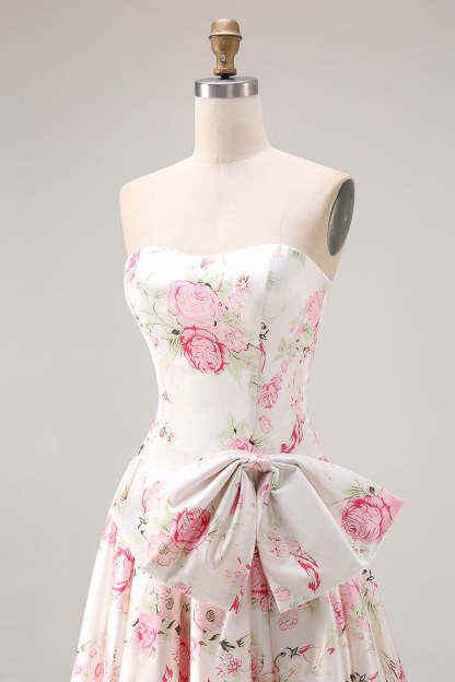 Floral White and Pink Long Corset Prom Dress with Bow