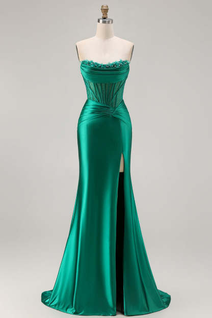 Leely Women Dark Green Satin Long Corset Prom Dress with Slit Mermaid Ruched Strapless Evening Dress with Beading