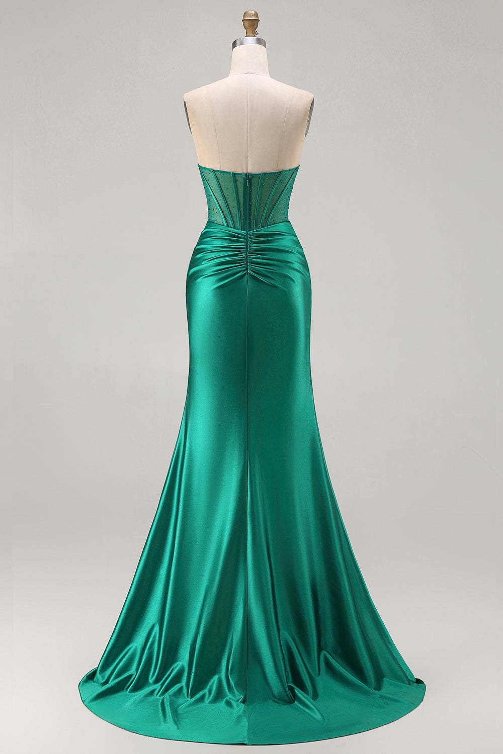 Dark Green Satin Mermaid Strapless Ruched Long Corset Prom Dress with Slit