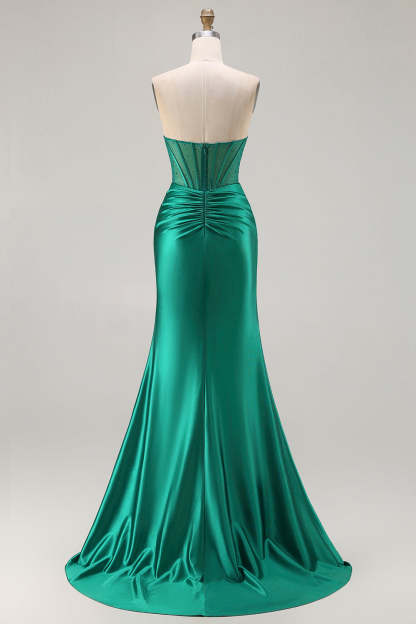 Dark Green Satin Mermaid Strapless Ruched Long Corset Prom Dress with Slit