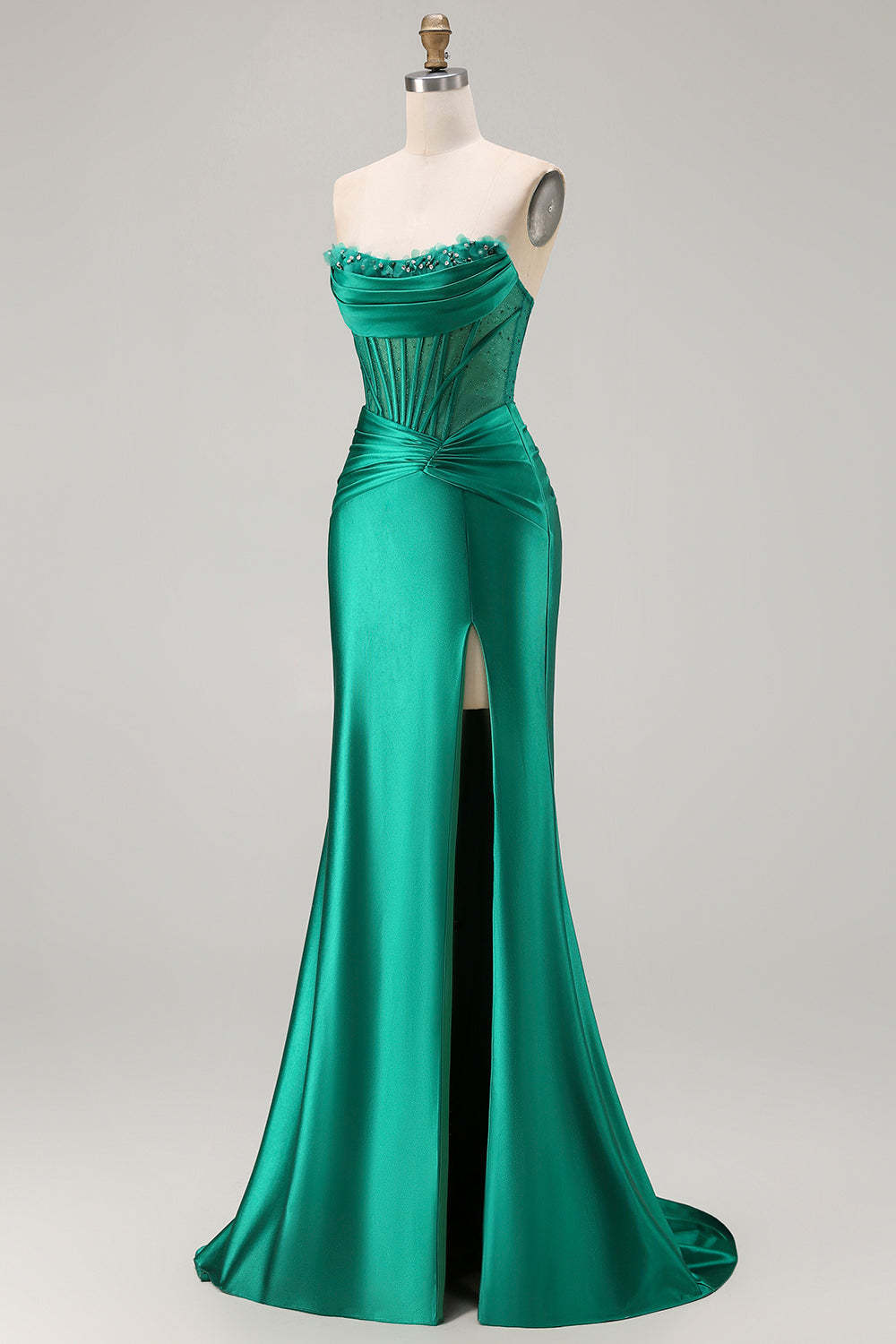 Dark Green Satin Mermaid Strapless Ruched Long Corset Prom Dress with Slit