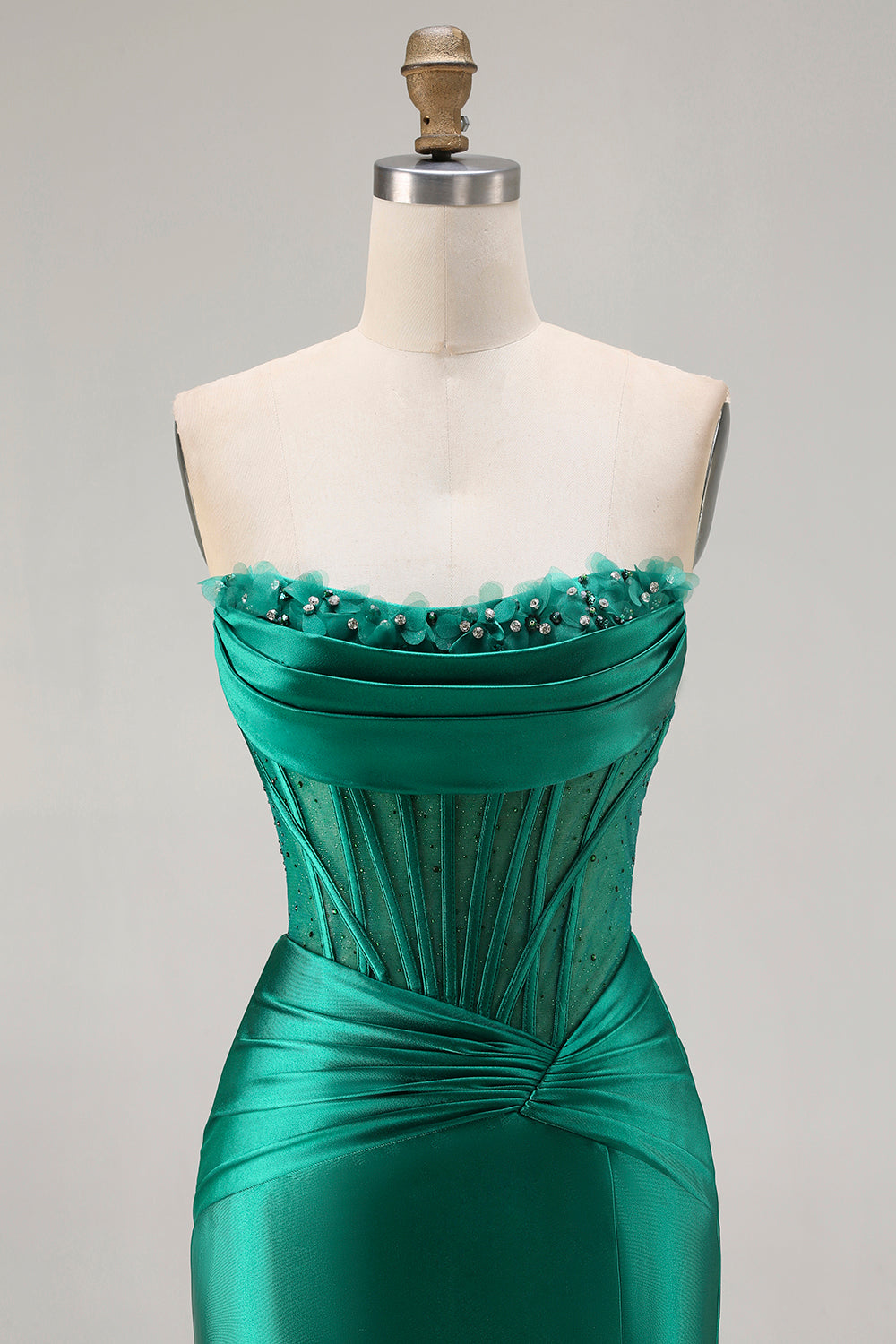 Dark Green Satin Mermaid Strapless Ruched Long Corset Prom Dress with Slit