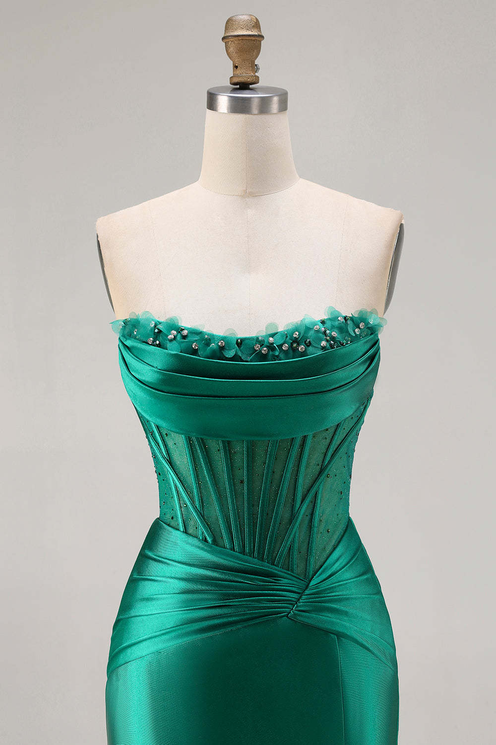 Dark Green Satin Mermaid Strapless Ruched Long Corset Prom Dress with Slit