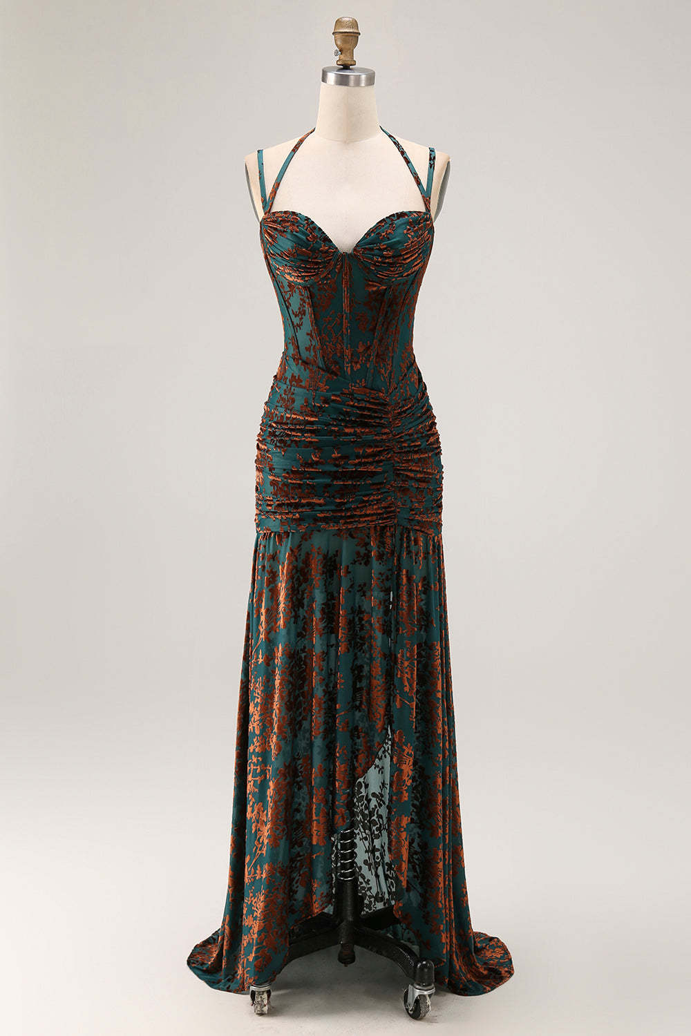 Leely Women Dark Green Corset Long Floral Wedding Guest Dress with Slit Sheath Velvet Spaghetti Straps Bridesmaid Dress