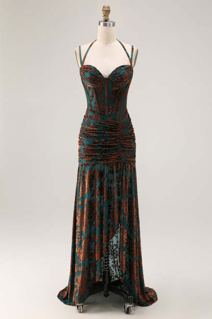 Leely Women Dark Green Corset Long Floral Wedding Guest Dress with Slit Sheath Velvet Spaghetti Straps Bridesmaid Dress