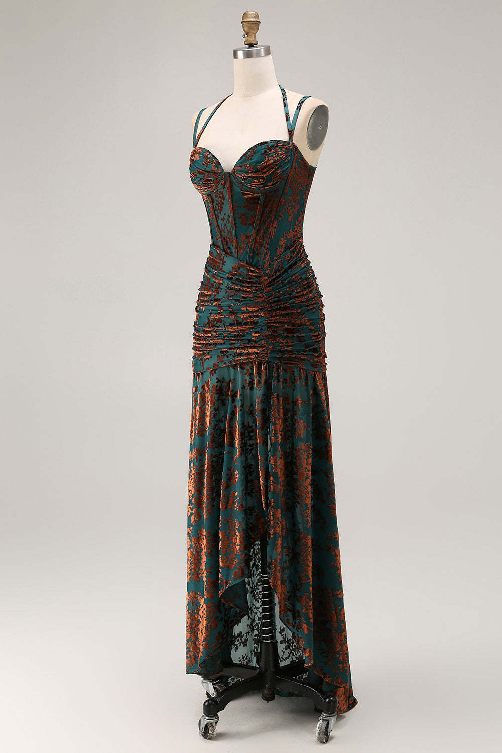 Dark Green Corset Sheath Floral Long Wedding Guest Dress with Slit