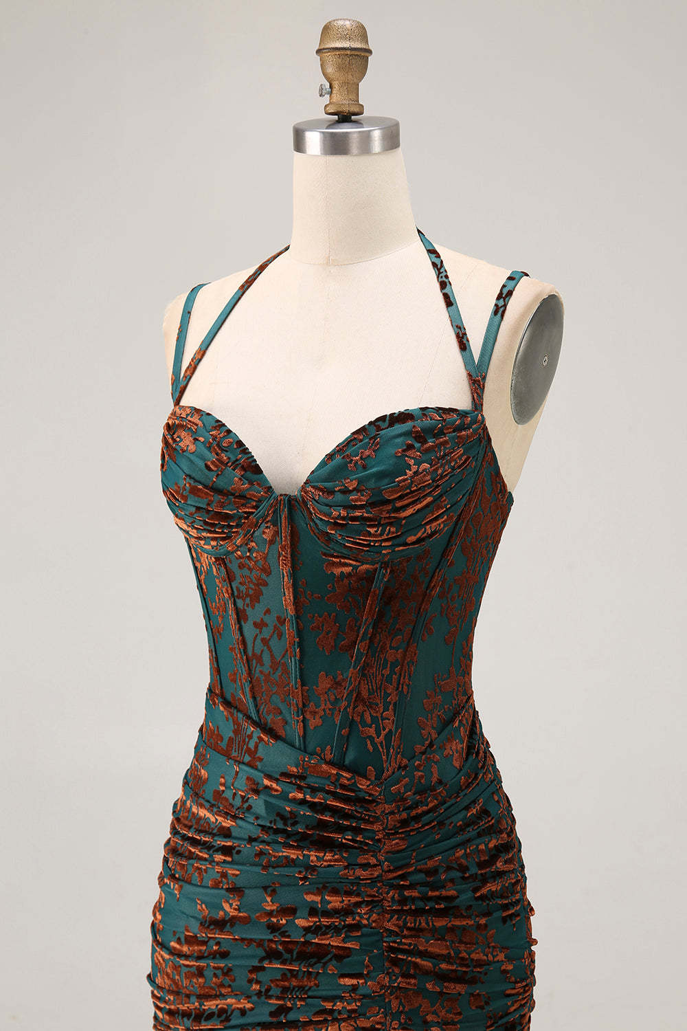 Dark Green Corset Sheath Floral Long Wedding Guest Dress with Slit