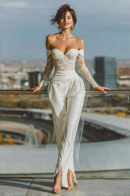 Leely Women White Off the Shoulder Bridal Jumpsuits with Lace Satin Long Sleeves Wedding Jumpsuits