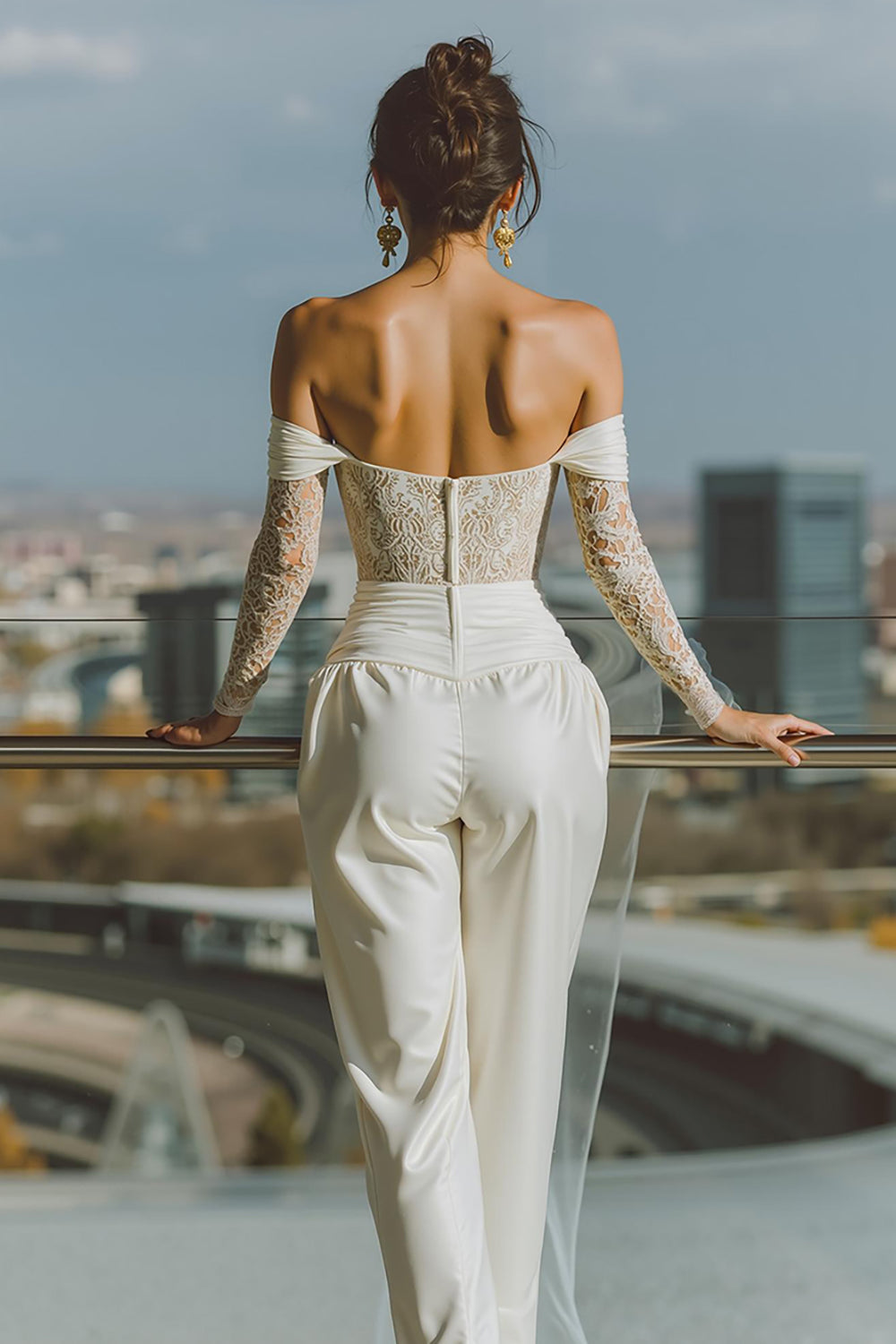 White Off the Shoulder Lace Bridal Jumpsuits
