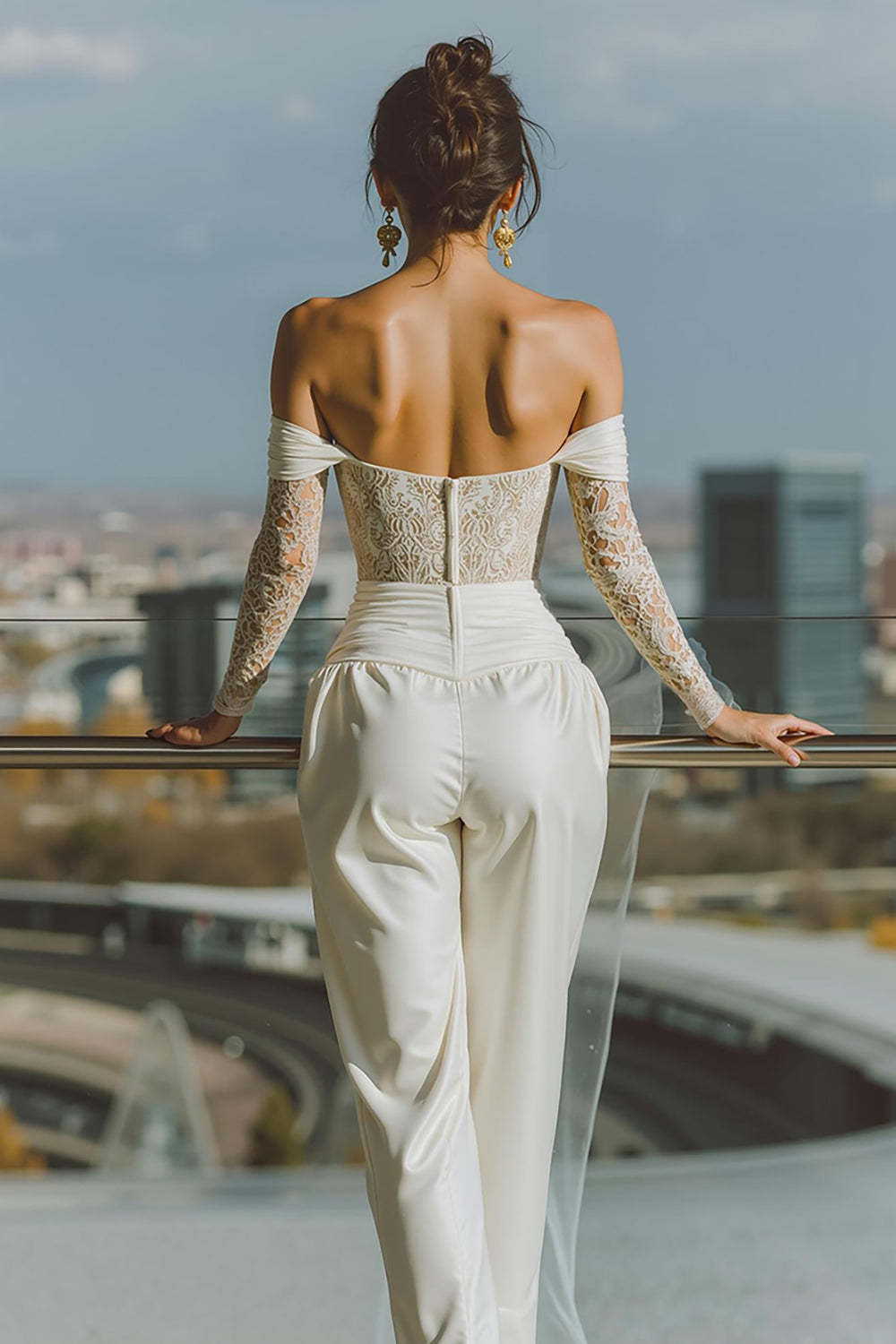 White Off the Shoulder Lace Bridal Jumpsuits