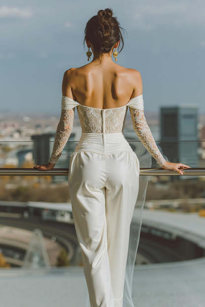 White Off the Shoulder Lace Bridal Jumpsuits