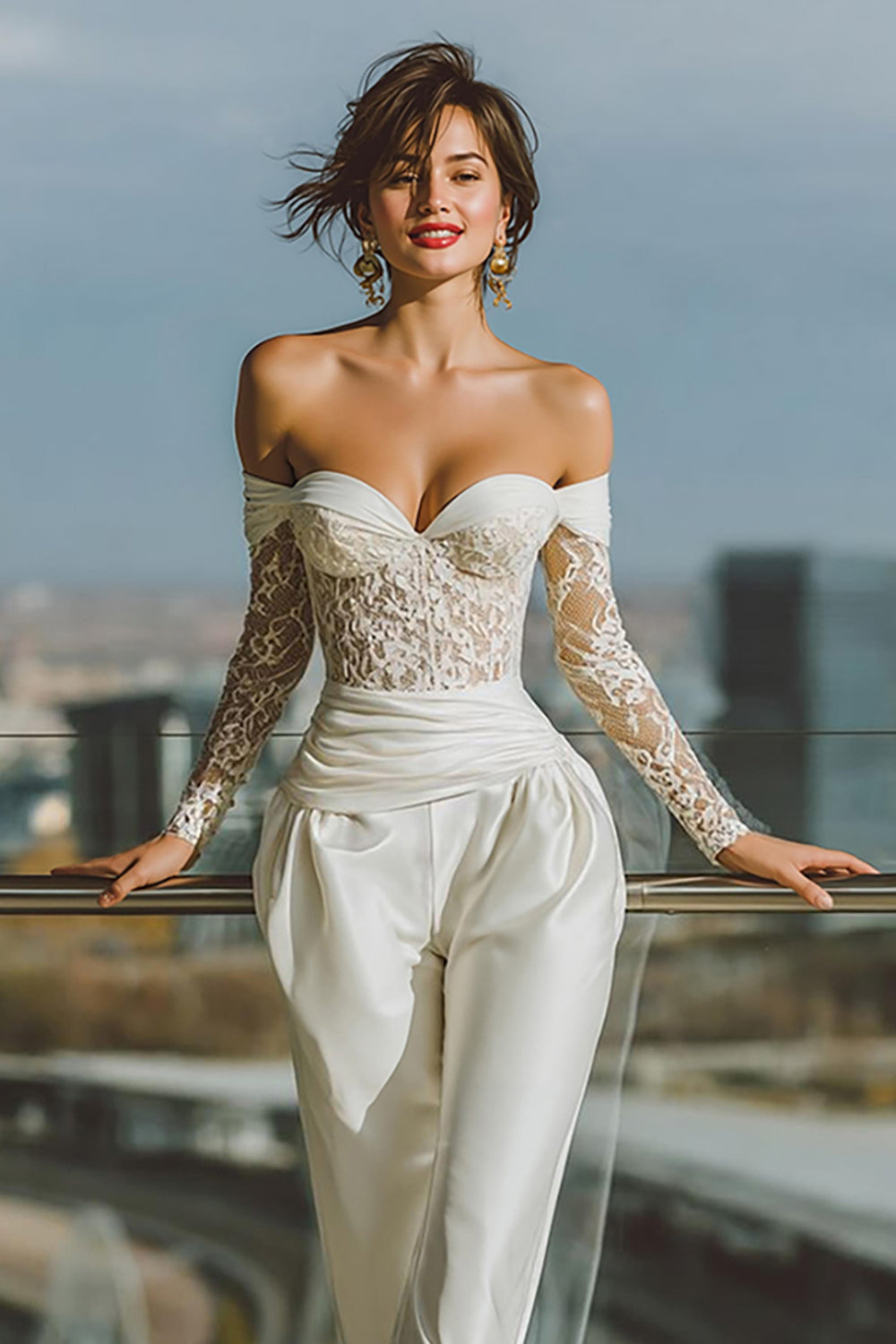 White Off the Shoulder Lace Bridal Jumpsuits