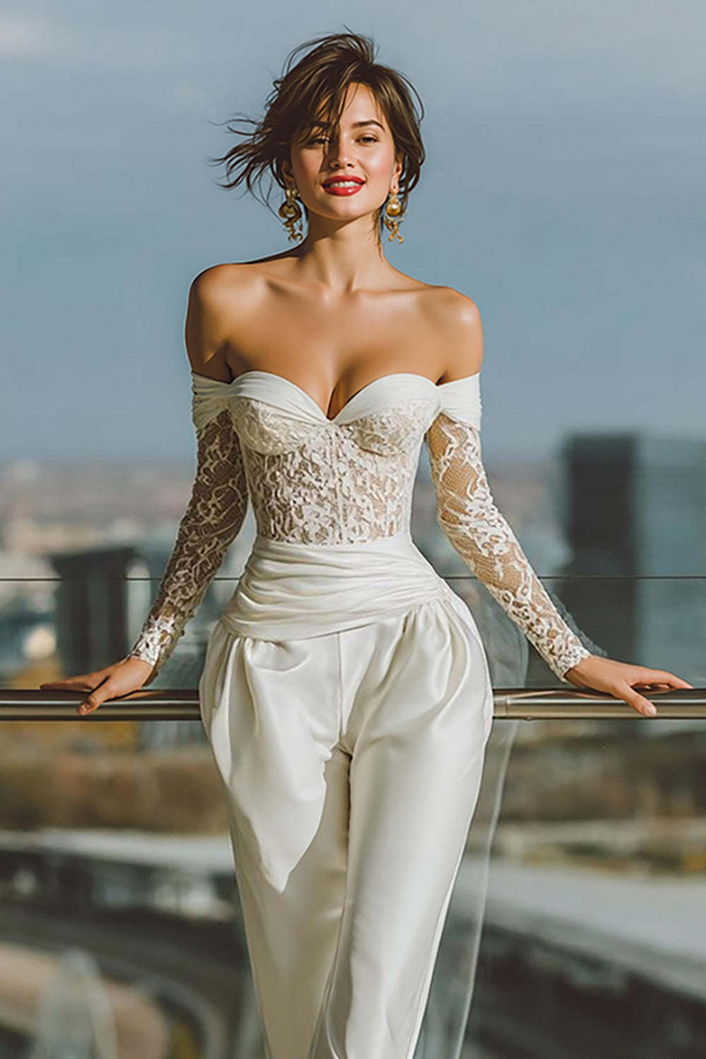 White Off the Shoulder Lace Bridal Jumpsuits