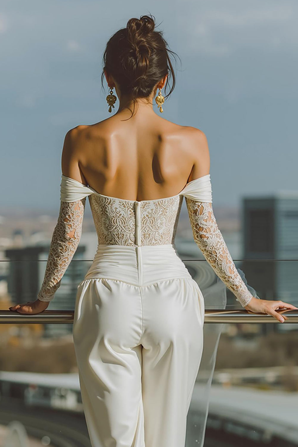 White Off the Shoulder Lace Bridal Jumpsuits