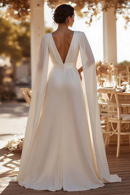 White Sweep Train Deep V-Neck Bridal Jumpsuits with Cape