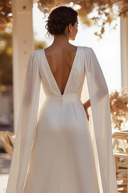 White Sweep Train Deep V-Neck Bridal Jumpsuits with Cape