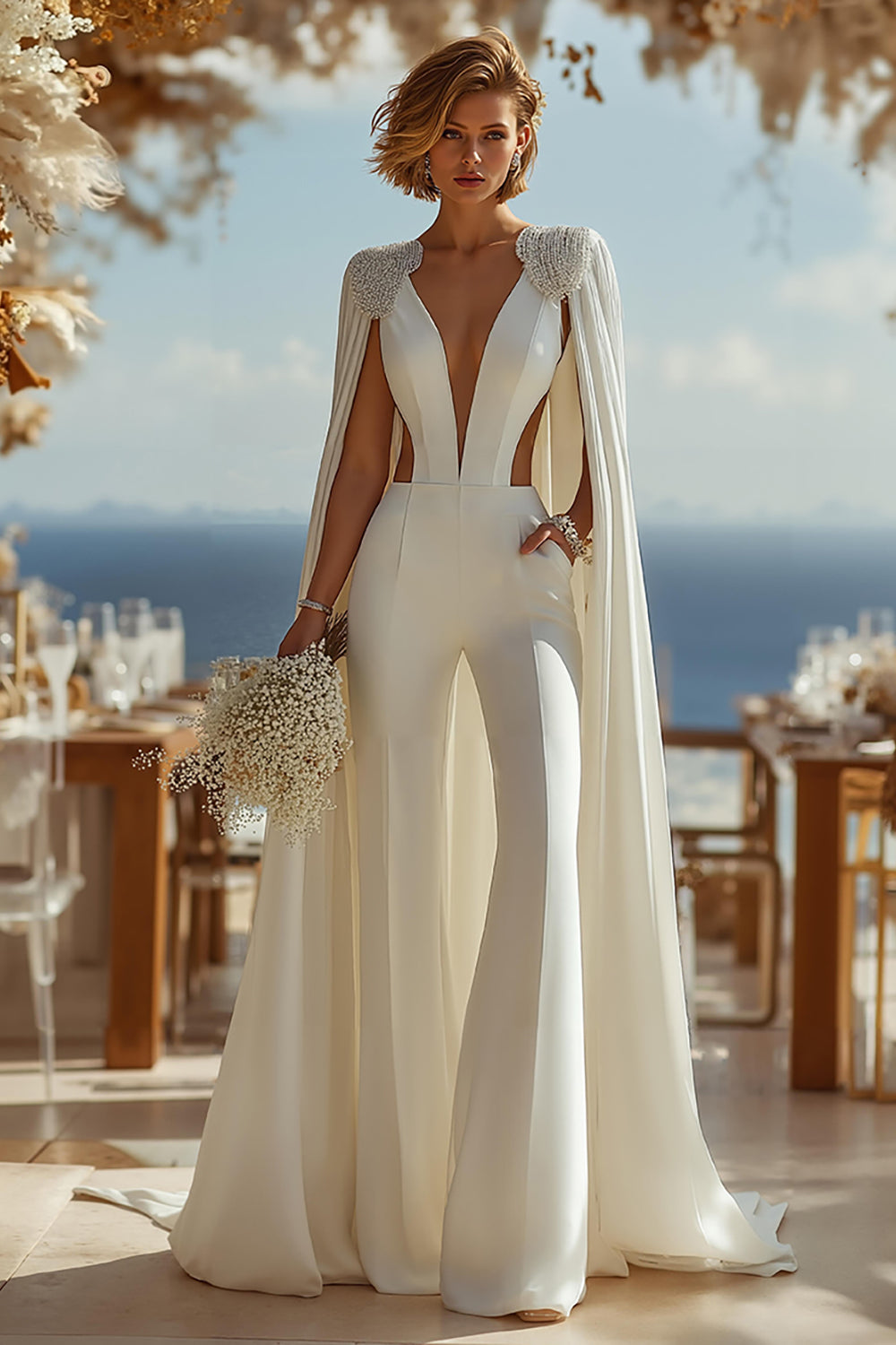 Ivory Cut Out Deep V-Neck Bridal Jumpsuits with Cape