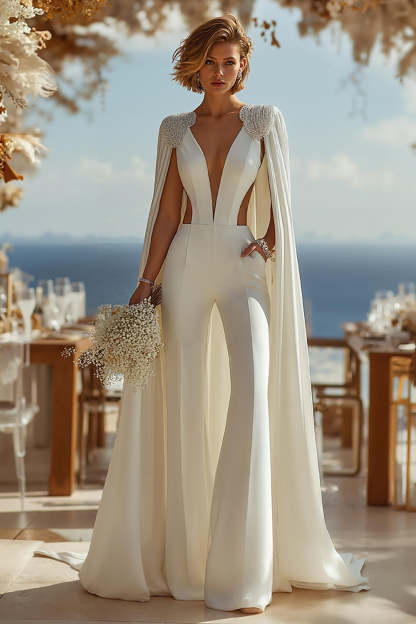 Leely Women Sparkly Ivory Deep V-Neck Bridal Jumpsuits with Cape Satin Cut Out Wedding Jumpsuits with Pockets