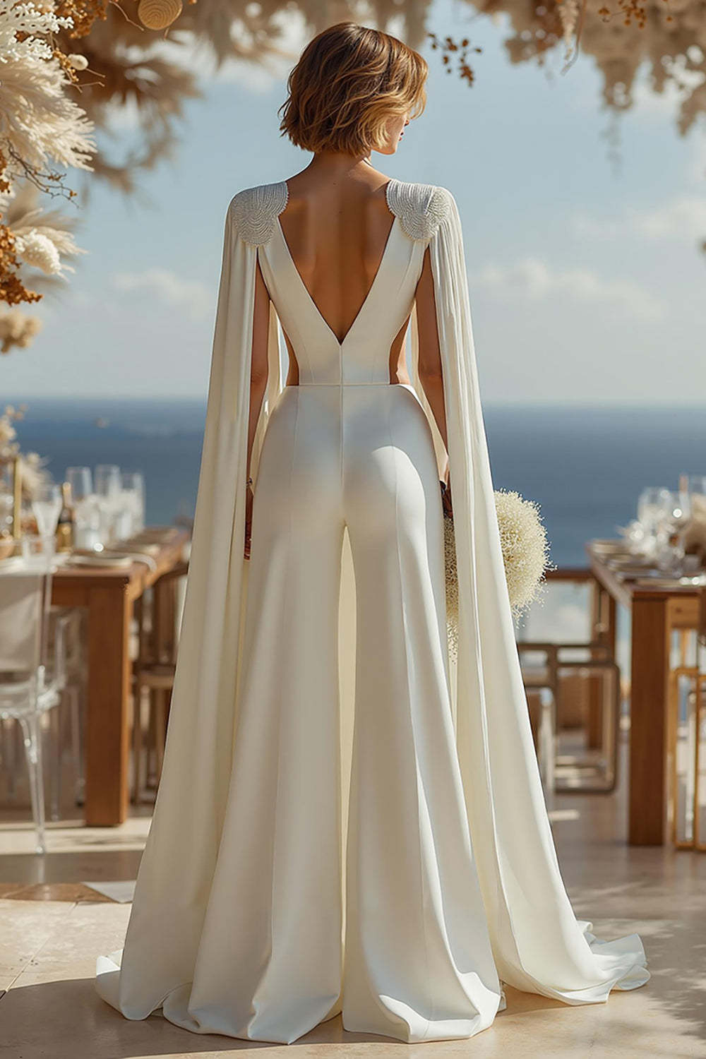 Ivory Cut Out Deep V-Neck Bridal Jumpsuits with Cape
