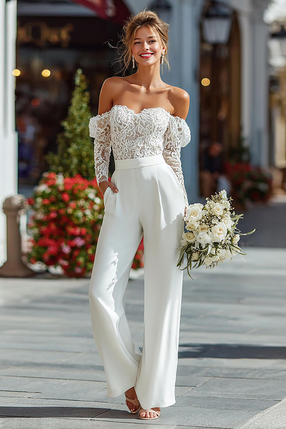 Leely Women White Off the Shoulder Bridal Jumpsuits with Lace Long Sleeves Wedding Jumpsuits with Pockets